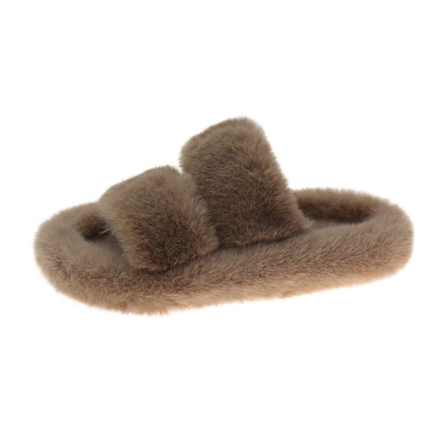 2021 Winter Keep Warm Women Fur Furry Slippers for Home Fluffy Soft Indoor Slides Thick Flats Heel Non Slip Indoor House Shoes