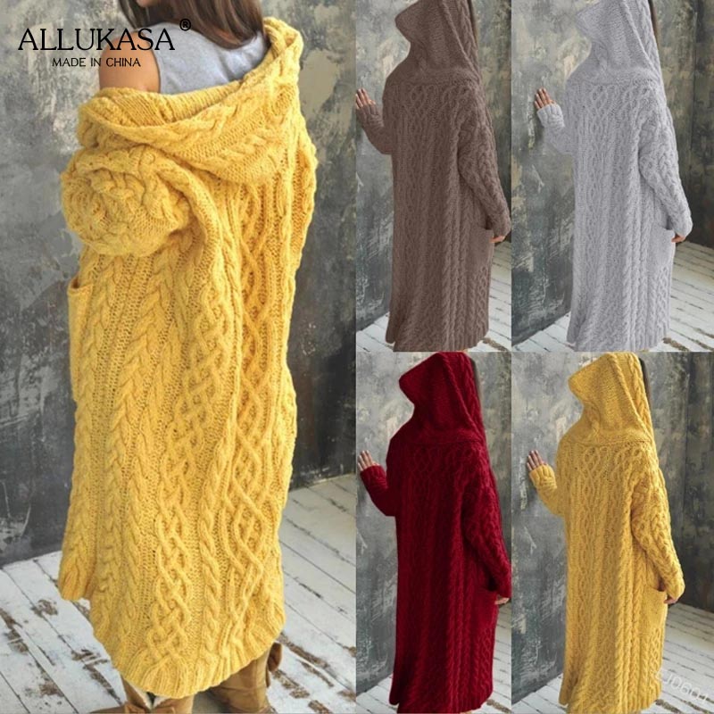 Pure color plus size long knitted cardigan women's hooded long-sleeved casual loose oversized knitted jacket for fall/winter2021