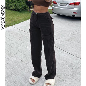 Rockmore Brown Vintage Baggy Jeans Women 90s Streetwear Pockets Wide Leg Cargo Pants Low Waist Straight Denim Trousers 2021