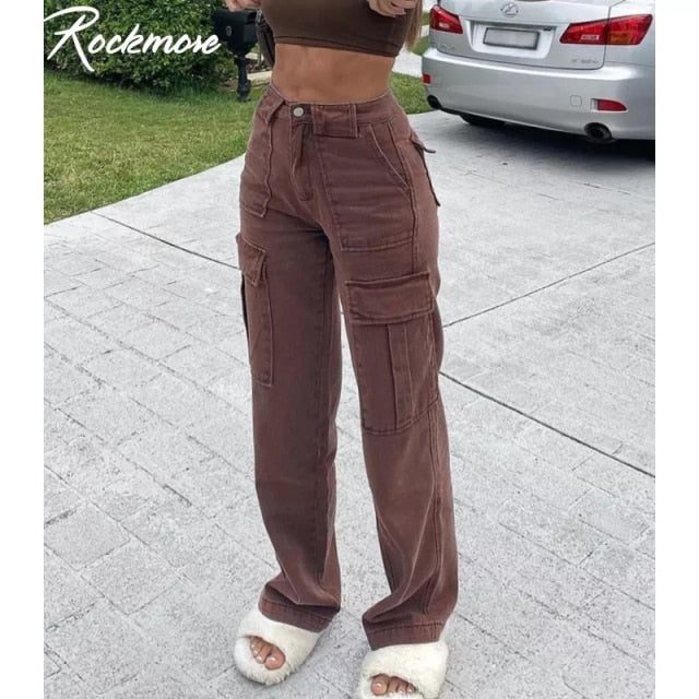 Rockmore Brown Vintage Baggy Jeans Women 90s Streetwear Pockets Wide Leg Cargo Pants Low Waist Straight Denim Trousers 2021