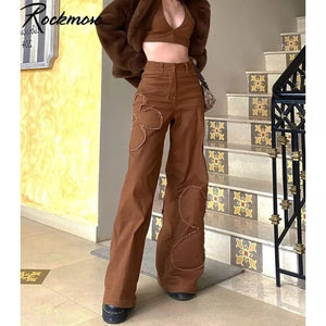 Rockmore Brown Vintage Baggy Jeans Women 90s Streetwear Pockets Wide Leg Cargo Pants Low Waist Straight Denim Trousers 2021