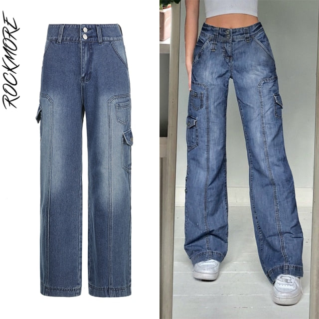 Rockmore Brown Vintage Baggy Jeans Women 90s Streetwear Pockets Wide Leg Cargo Pants Low Waist Straight Denim Trousers 2021