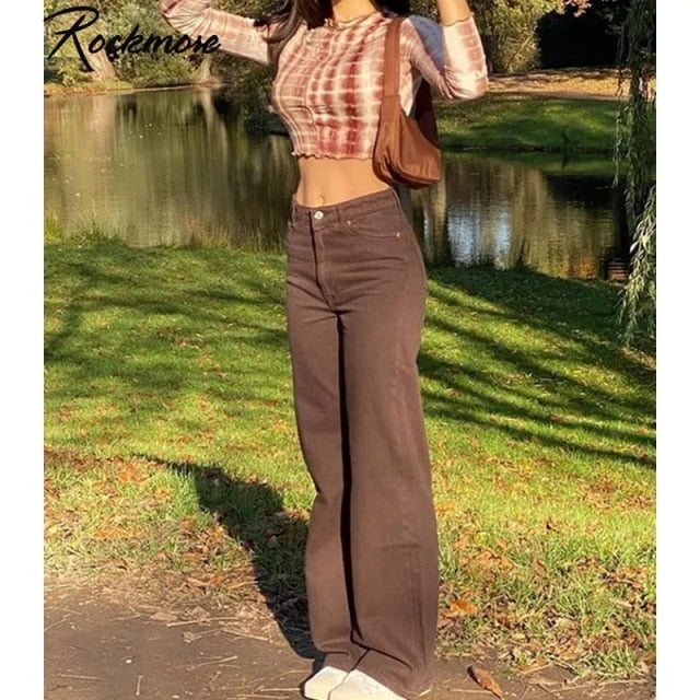 Rockmore Brown Vintage Baggy Jeans Women 90s Streetwear Pockets Wide Leg Cargo Pants Low Waist Straight Denim Trousers 2021