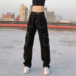 Rockmore Brown Vintage Baggy Jeans Women 90s Streetwear Pockets Wide Leg Cargo Pants Low Waist Straight Denim Trousers 2021