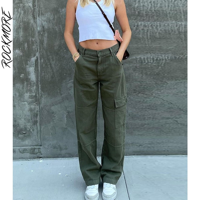 Rockmore Green Vintage Baggy Jeans Women'S Pockets Wide Leg Cargo Pants Streetwear Casual Low Waist Denim Straight Trousers 2021