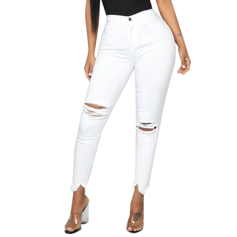 White Ripped Hole Denim Pants for Women Skinny Long Jeans Plus Size S-3XL Stretchy Trousers High Waist Black Woman Jeans