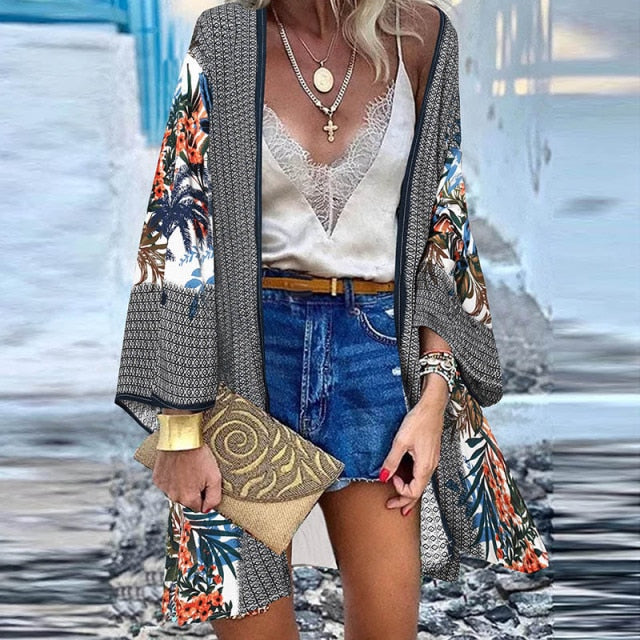 ZANZEA Women Cardigan Summer Open Front Bohemian Floral Printed Blouse Kimono Casual Loose Beach Tops Vintage Long Sleeve Blusas