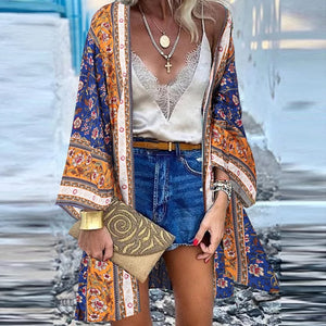 ZANZEA Women Cardigan Summer Open Front Bohemian Floral Printed Blouse Kimono Casual Loose Beach Tops Vintage Long Sleeve Blusas