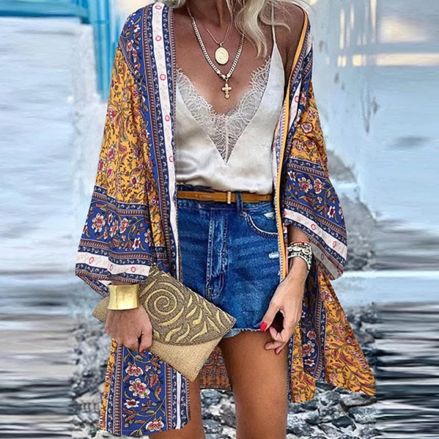 ZANZEA Women Cardigan Summer Open Front Bohemian Floral Printed Blouse Kimono Casual Loose Beach Tops Vintage Long Sleeve Blusas