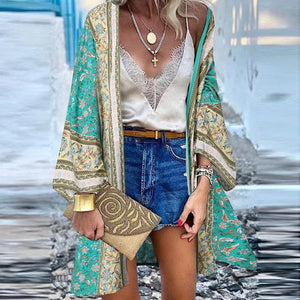 ZANZEA Women Cardigan Summer Open Front Bohemian Floral Printed Blouse Kimono Casual Loose Beach Tops Vintage Long Sleeve Blusas