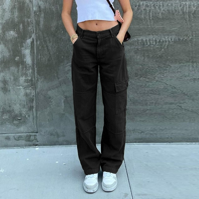 Rockmore Green Vintage Baggy Jeans Women'S Pockets Wide Leg Cargo Pants Streetwear Casual Low Waist Denim Straight Trousers 2021