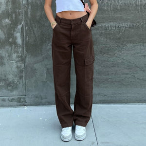 Rockmore Green Vintage Baggy Jeans Women'S Pockets Wide Leg Cargo Pants Streetwear Casual Low Waist Denim Straight Trousers 2021