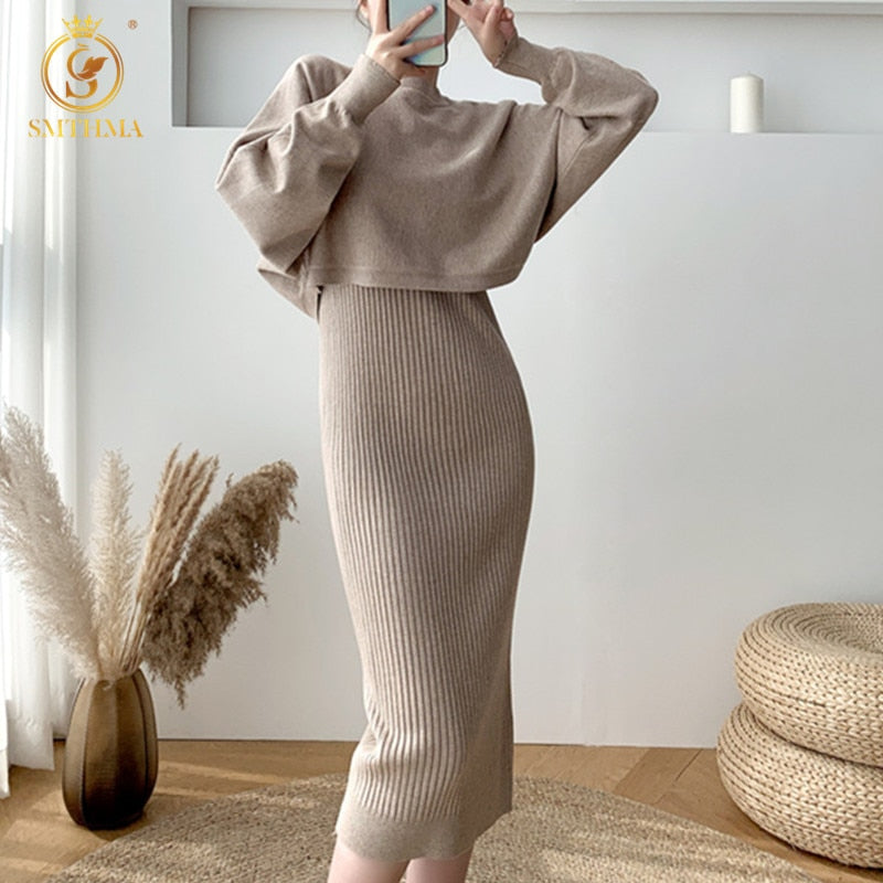 SMTHMA 2021 New Fall/Winter Bat Sleeve O-Neck Soft Sweater  + Women's Knitted Vest Long Dress Two-Piece Dress Sets