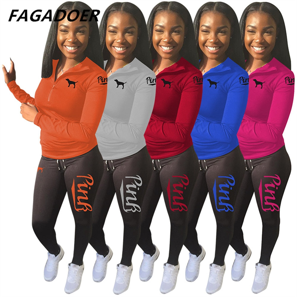 Fagadoer PINK Letter Print Outfits Zip Stand Collar Top + Leggings Pants Casual 2 Piece Set Women Tracksuits Sport Sweat Suits