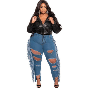 Plus Size Denim Bottoms Streetwear High Stretchy Holed Tassels Tights Jeans Casual Bodycon Cowboy Pants Trousers Wholesale Items