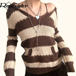 Rapcopter Prepply Kawaii Sweaters Striped Hooded Jumpers Vintage Long Sleeve Academic Knitwear Women Retro Korean Clothing Fall