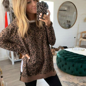 Women Pullovers Tops Leopard Print Hoodies Jumper Sweatshirt Fall Lady O-Neck Irregular Hem Hoody Shirts 2020 Sudadera Mujer