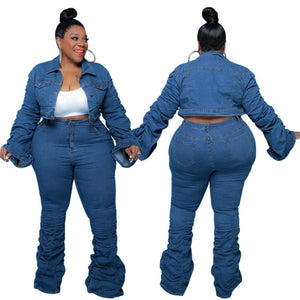 Denim Plus Size Sets Women 2 Piece Set Puff Long Sleeve Jacket Stretch Stacked Jeans Fall Winter Clothes Wholesale Dropshipping