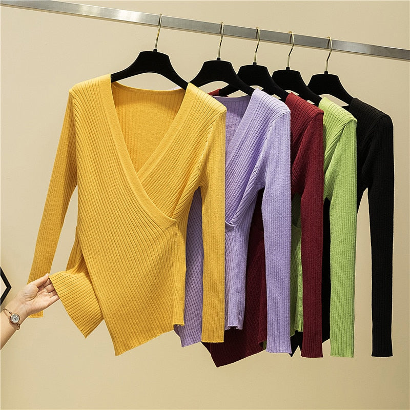 Irregular Sexy V-Neck Long Sleeve Pullover Knitted Sweater Women 2021 Winter Sweaters Chic Knitwear Korean Woman Clothes Fall