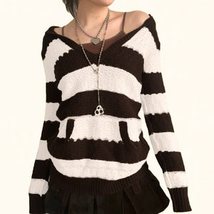 Rapcopter Prepply Kawaii Sweaters Striped Hooded Jumpers Vintage Long Sleeve Academic Knitwear Women Retro Korean Clothing Fall