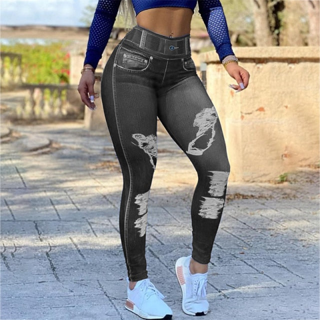 2021 Elastic High Waist Imitating Jeans Pencil Pants Slim Single Breasted Women Skinny Frayed Denim Trousers Plus Size Fashion