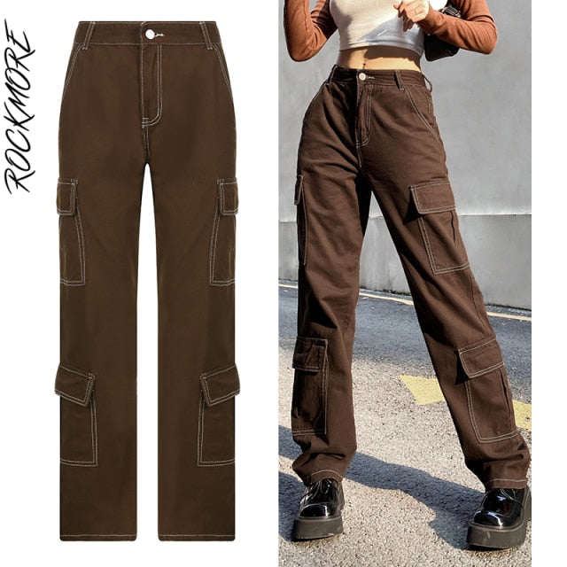 Rockmore Brown Vintage Baggy Jeans Women 90s Streetwear Pockets Wide Leg Cargo Pants Low Waist Straight Denim Trousers 2021