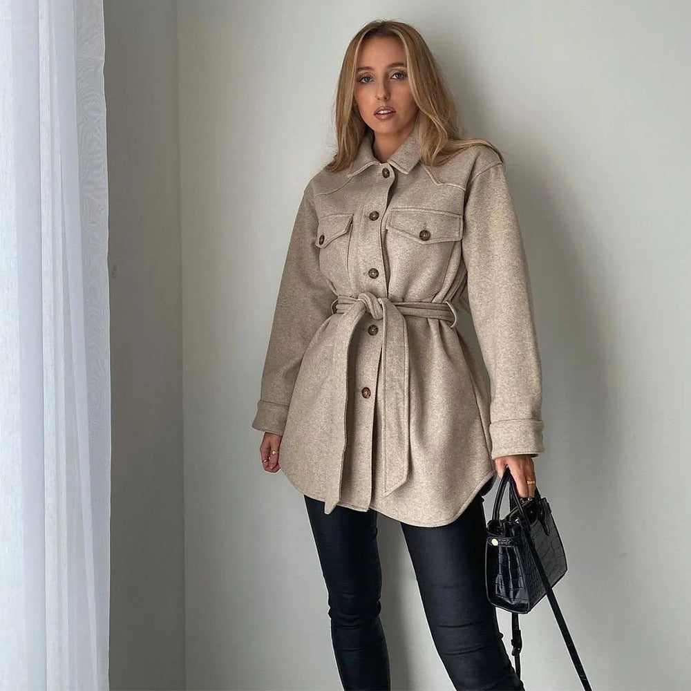 New Fall Winter Women Jacket Long Sleeves Belted Warm Thicken Casual Fashion High Street Za Women Coat Outfits Tops