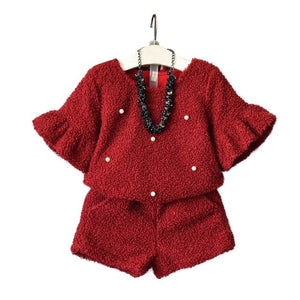 2021 Fall Winter Children Clothing Set Little Girls Plus Velvet Thickening Flare Sleeve Tops + Shorts Twinset Kids Clothes X469