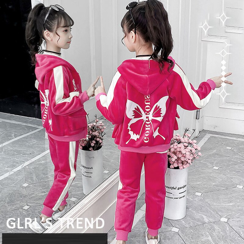 Girls Children Spring Fall Winter New 2021 Warm Girls Clothing Set 2 Pcs Little Kids Butterfly Clothes Velour Tops + Pants Suit