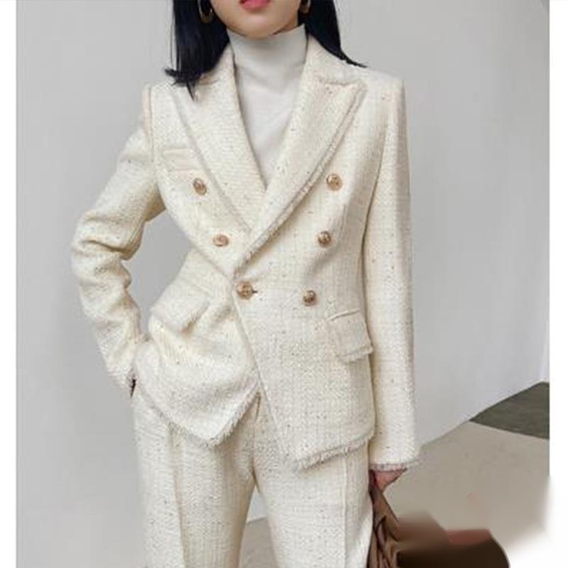 White Two Piece Blazer Suits Women's 2021 Fall Winter Double Breasted Woven Tweed Blazers + Skinny Pants A Line Long Skirt Sets