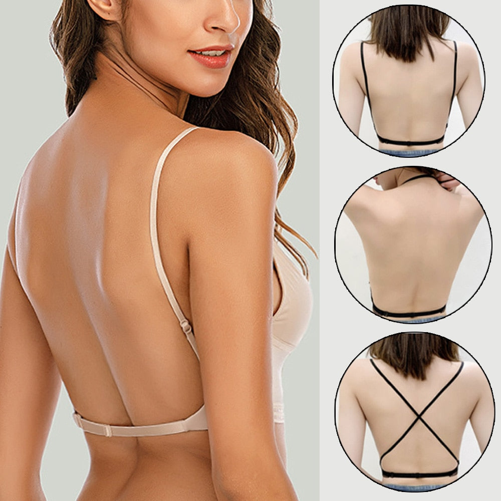 Sexy Backless Bra Lace Deep U Low Back Bralette Thin Cup Brassiere Halter Soft Seamless Elastic Underwear Tank Tops Encaje Mujer