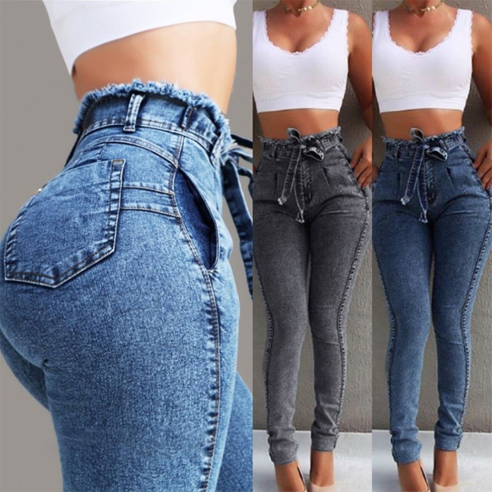 Plus Size Fashion Belted High Waist Skinny Jeans Women Stretch Denim Long Pants Tassel Belt Bandage Skinny Push Up Jeans Woman