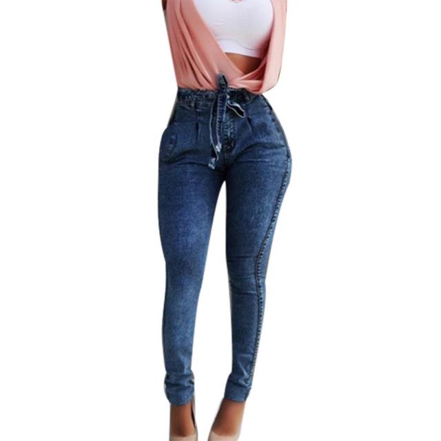 Plus Size Fashion Belted High Waist Skinny Jeans Women Stretch Denim Long Pants Tassel Belt Bandage Skinny Push Up Jeans Woman