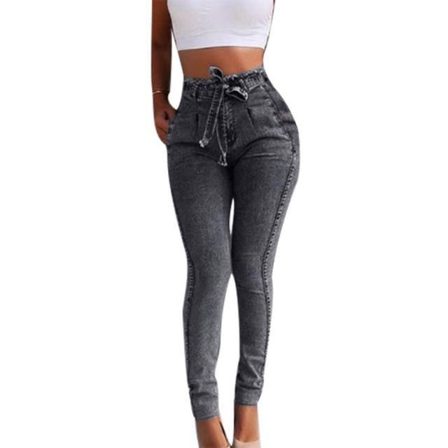 Plus Size Fashion Belted High Waist Skinny Jeans Women Stretch Denim Long Pants Tassel Belt Bandage Skinny Push Up Jeans Woman