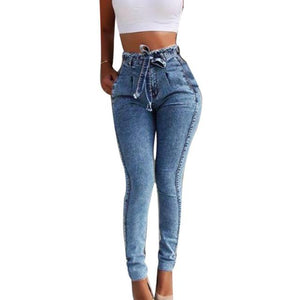 Plus Size Fashion Belted High Waist Skinny Jeans Women Stretch Denim Long Pants Tassel Belt Bandage Skinny Push Up Jeans Woman