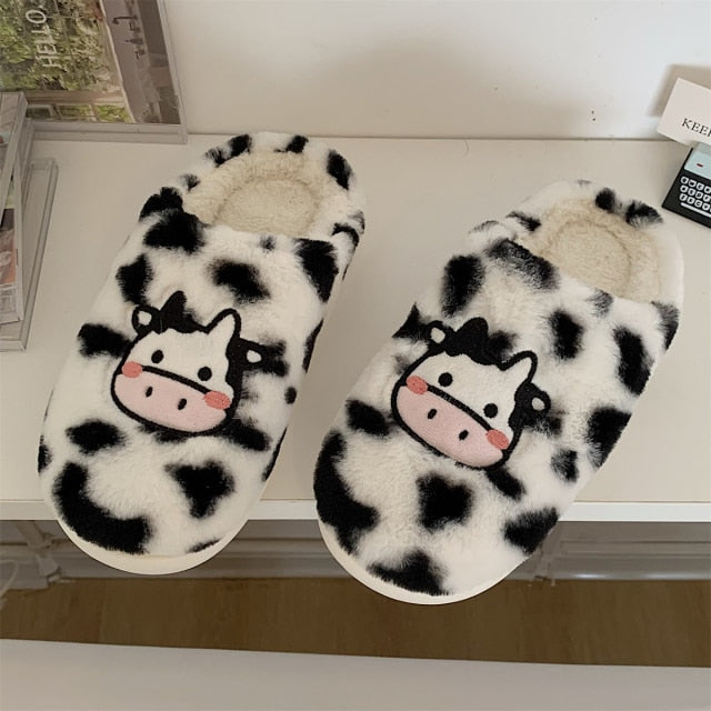 Cute Animal Slipper For Women Girls Fashion Kawaii Fluffy Winter Warm Slippers Woman Cartoon Milk Cow House Slippers Funny Shoes