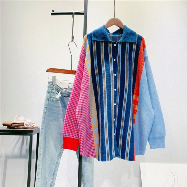 New Women Girl Fall Winter Cardigans Full Sleeve Knitted Sweaters V Neck Basic Knitwear Rainbow Jacket Loose Cardigans Tops