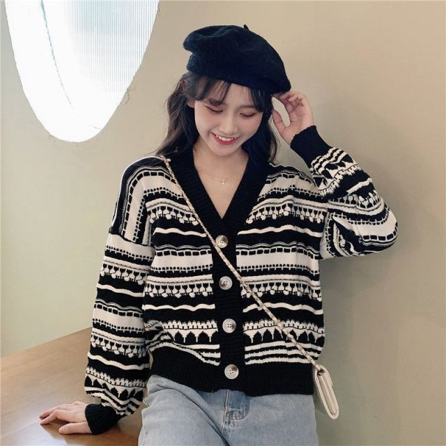 New Women Girl Fall Winter Cardigans Full Sleeve Knitted Sweaters V Neck Basic Knitwear Rainbow Jacket Loose Cardigans Tops