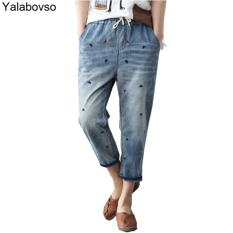 Elastic Waist Jeans Ladies Vintage Embroidery Trousers Women Casual Retro Floral Denim Cowboy Ripped Harem Pants Yalabovso