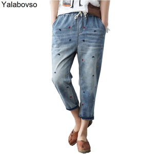 Elastic Waist Jeans Ladies Vintage Embroidery Trousers Women Casual Retro Floral Denim Cowboy Ripped Harem Pants Yalabovso