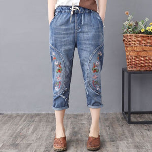 Elastic Waist Jeans Ladies Vintage Embroidery Trousers Women Casual Retro Floral Denim Cowboy Ripped Harem Pants Yalabovso