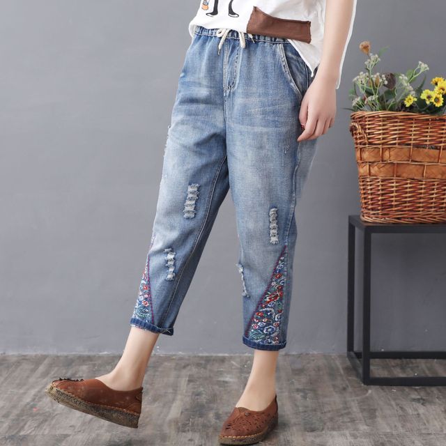 Elastic Waist Jeans Ladies Vintage Embroidery Trousers Women Casual Retro Floral Denim Cowboy Ripped Harem Pants Yalabovso