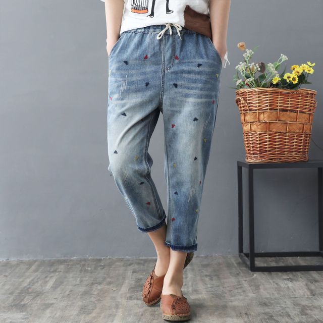 Elastic Waist Jeans Ladies Vintage Embroidery Trousers Women Casual Retro Floral Denim Cowboy Ripped Harem Pants Yalabovso