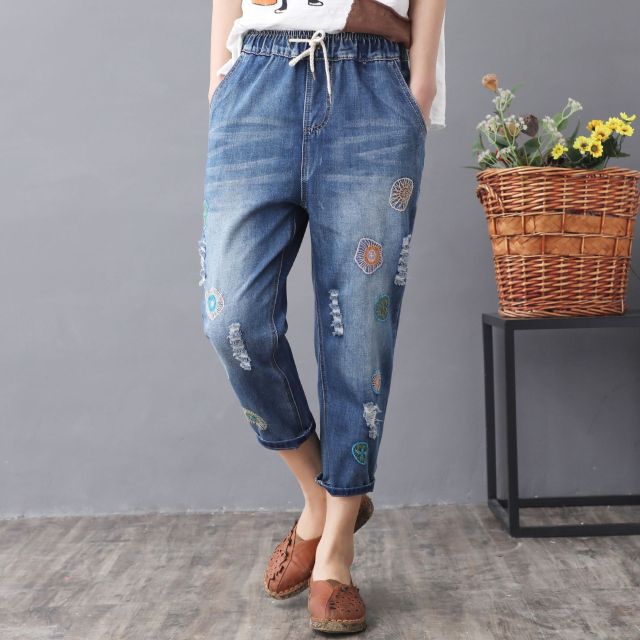 Elastic Waist Jeans Ladies Vintage Embroidery Trousers Women Casual Retro Floral Denim Cowboy Ripped Harem Pants Yalabovso