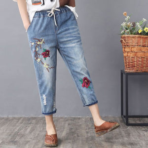 Elastic Waist Jeans Ladies Vintage Embroidery Trousers Women Casual Retro Floral Denim Cowboy Ripped Harem Pants Yalabovso