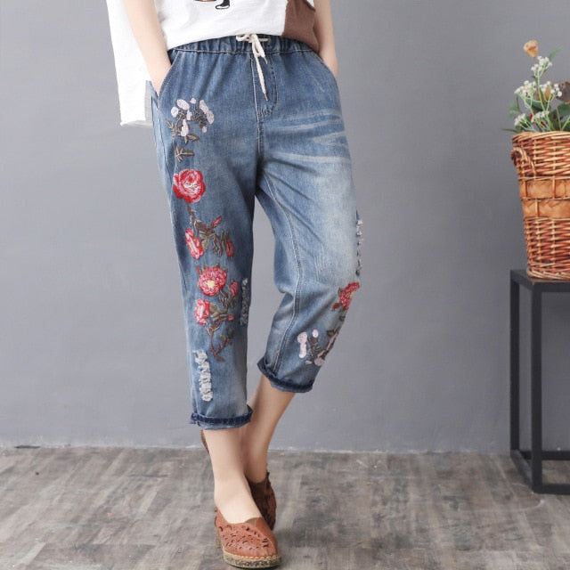 Elastic Waist Jeans Ladies Vintage Embroidery Trousers Women Casual Retro Floral Denim Cowboy Ripped Harem Pants Yalabovso