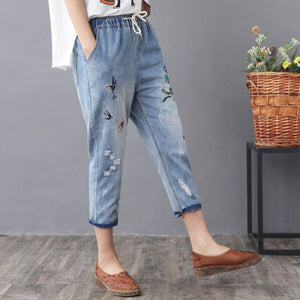 Elastic Waist Jeans Ladies Vintage Embroidery Trousers Women Casual Retro Floral Denim Cowboy Ripped Harem Pants Yalabovso