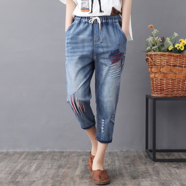 Elastic Waist Jeans Ladies Vintage Embroidery Trousers Women Casual Retro Floral Denim Cowboy Ripped Harem Pants Yalabovso