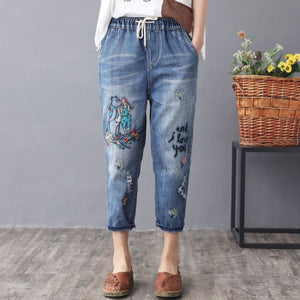 Elastic Waist Jeans Ladies Vintage Embroidery Trousers Women Casual Retro Floral Denim Cowboy Ripped Harem Pants Yalabovso