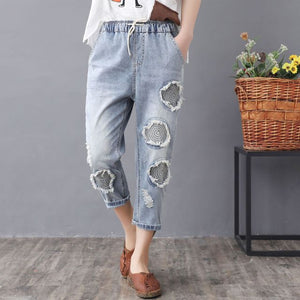 Elastic Waist Jeans Ladies Vintage Embroidery Trousers Women Casual Retro Floral Denim Cowboy Ripped Harem Pants Yalabovso